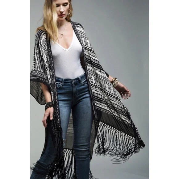 SOLD OUT Black Ethnic Print Tassel Fringe Kimono Coverup Wrap - Picture 5 of 7
